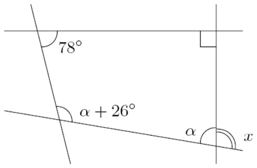 To‘rt to‘g‘ri chiziq kesishib to‘rtburchak hosil qiladi: yuqori chap burchak 78°, yuqori o‘ng burchak to‘g‘ri burchak, pastki chap burchak α + 26°, pastki o‘ng burchak α; x — α ga qo‘shni burchak