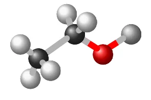 Molekulaning shar-sterjenli modeli: ikki uglerod (qora), bir kislorod (qizil) va vodorod atomlari (oq)