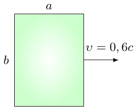 To‘g‘ri to‘rtburchak: gorizontal tomoni a, vertikal tomoni b; u a tomoni bo‘ylab υ = 0,6c tezlik bilan harakatlanmoqda