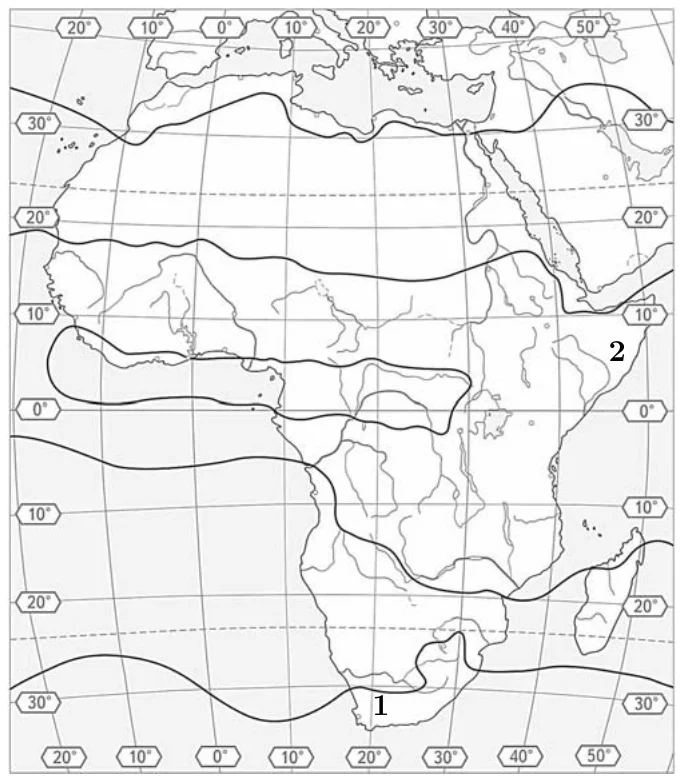 Afrikaning yozuvsiz xaritasi, iqlim mintaqalari chegaralari chizilgan; 1 raqami materikning janubiy uchida (Kap tog‘lari), 2 raqami Somali yarimorolida