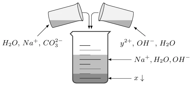 Tajriba sxemasi: H₂O, Na⁺, CO₃²⁻ eritmasi va y²⁺, OH⁻, H₂O eritmasi bitta stakanga quyiladi; stakanda Na⁺, H₂O, OH⁻ eritmasi va x cho‘kmasi