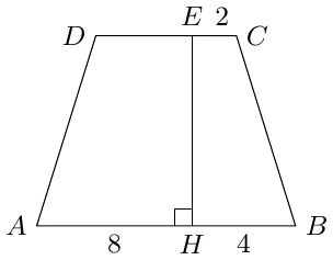 Teng yonli ABCD trapetsiya: DC asosdagi E nuqtadan AB ga EH perpendikular, EC = 2, AH = 8, HB = 4