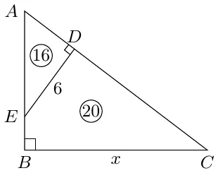 To‘g‘ri burchakli ABC uchburchak (∠B = 90°): AB da E nuqta, AC da D nuqta, ED ⊥ AC, ED = 6, AED yuzi 16, BEDC yuzi 20, BC = x