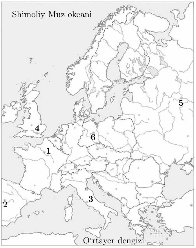 Yevropa siyosiy xaritasi: Buyuk Britaniya (4), Fransiya (1), Ispaniya (2), Italiya (3), Germaniya (6), Rossiya (5) raqamlar bilan belgilangan