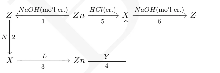 Sxema: Zn dan NaOH (mo‘l eritma) bilan Z (1), HCl eritmasi bilan X (5); X dan NaOH (mo‘l eritma) bilan Z (6); Z dan N bilan X (2); X dan L bilan Zn (3); Zn dan Y bilan X (4)