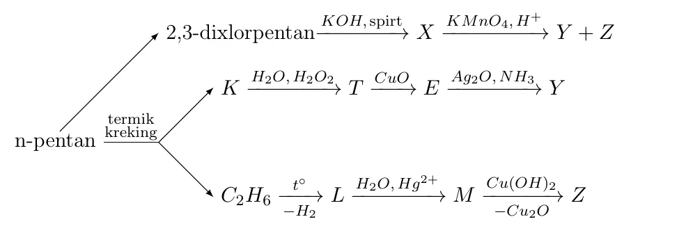Sxema: n-pentan termik krekingda 2,3-dixlorpentan, K va C₂H₆ beradi. 2,3-dixlorpentan + KOH (spirtli) → X; X + KMnO₄, H⁺ → Y + Z. K + H₂O, H₂O₂ → T; T + CuO → E; E + Ag₂O, NH₃ → Y. C₂H₆ (t°, −H₂) → L; L + H₂O, Hg²⁺ → M; M + Cu(OH)₂ (−Cu₂O) → Z