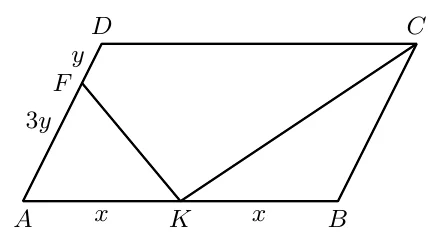 ABCD parallelogramm: pastda chapdan o‘ngga A, K, B, yuqorida D va C. AB tomonda K nuqta o‘rtada (AK = KB = x), AD tomonda F nuqta (AF = 3y, FD = y). F nuqta K bilan, K nuqta C bilan kesma orqali tutashtirilgan, natijada FKCD to‘rtburchak hosil bo‘lgan.