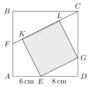ABCD kvadrat: pastda chapda A, o‘ngda D, yuqorida chapda B, o‘ngda C. AD tomonda E nuqta: AE = 6 cm, ED = 8 cm. CD tomonda G nuqta, AB tomonda F nuqta. F dan C ga kesma o‘tkazilgan, uning ustida K va L nuqtalar yotadi. KLGE shtrixlangan kvadrat: E pastki tomonda, G o‘ng tomonda, K va L esa FC kesmada.