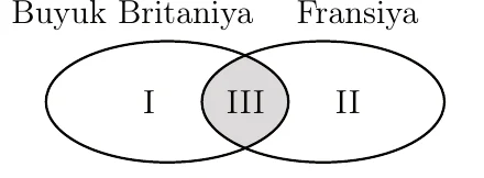 Eyler-Venn diagrammasi: ikki kesishuvchi oval. Chap oval "Buyuk Britaniya", undagi faqat o‘ziga tegishli qism I; o‘ng oval "Fransiya", undagi faqat o‘ziga tegishli qism II; ikki ovalning kesishgan (bo‘yalgan) qismi III.